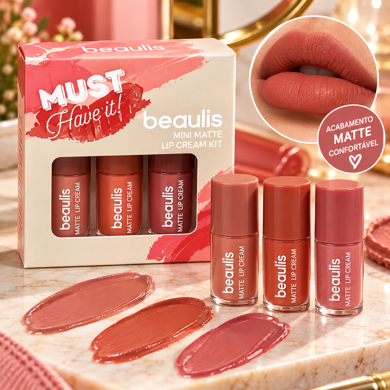 Beaulís Mini Matte Lip Cream Kit – Kit com 3 Mini Batons Líquidos