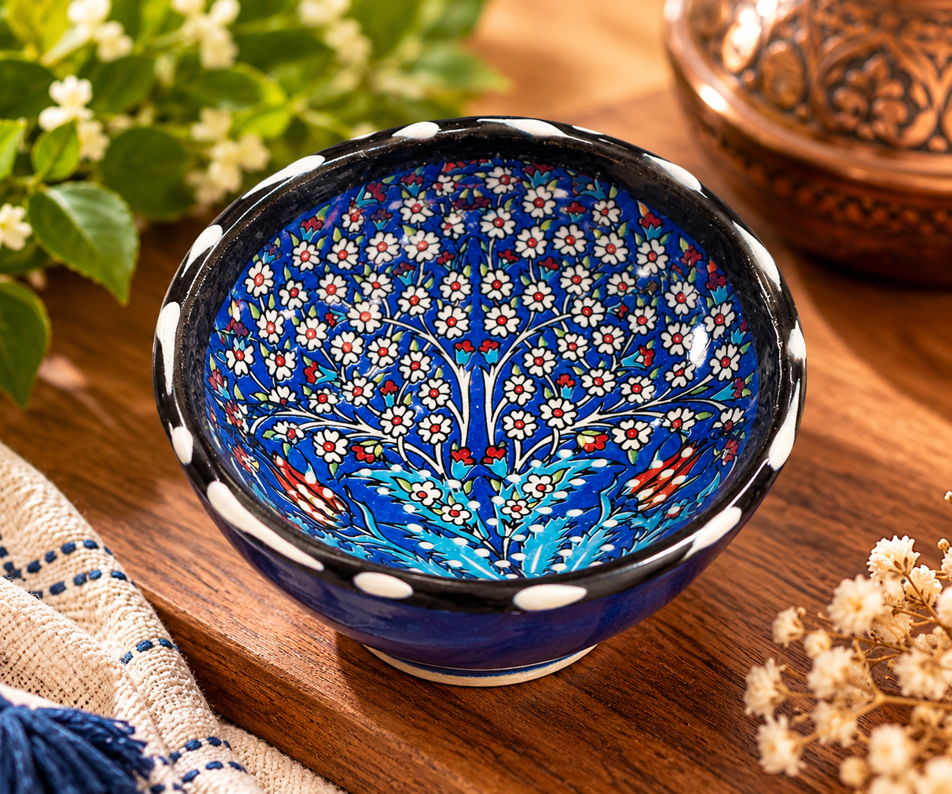 🧿 Tigela Cerâmica Turca Artesanal – Azul com Flores
